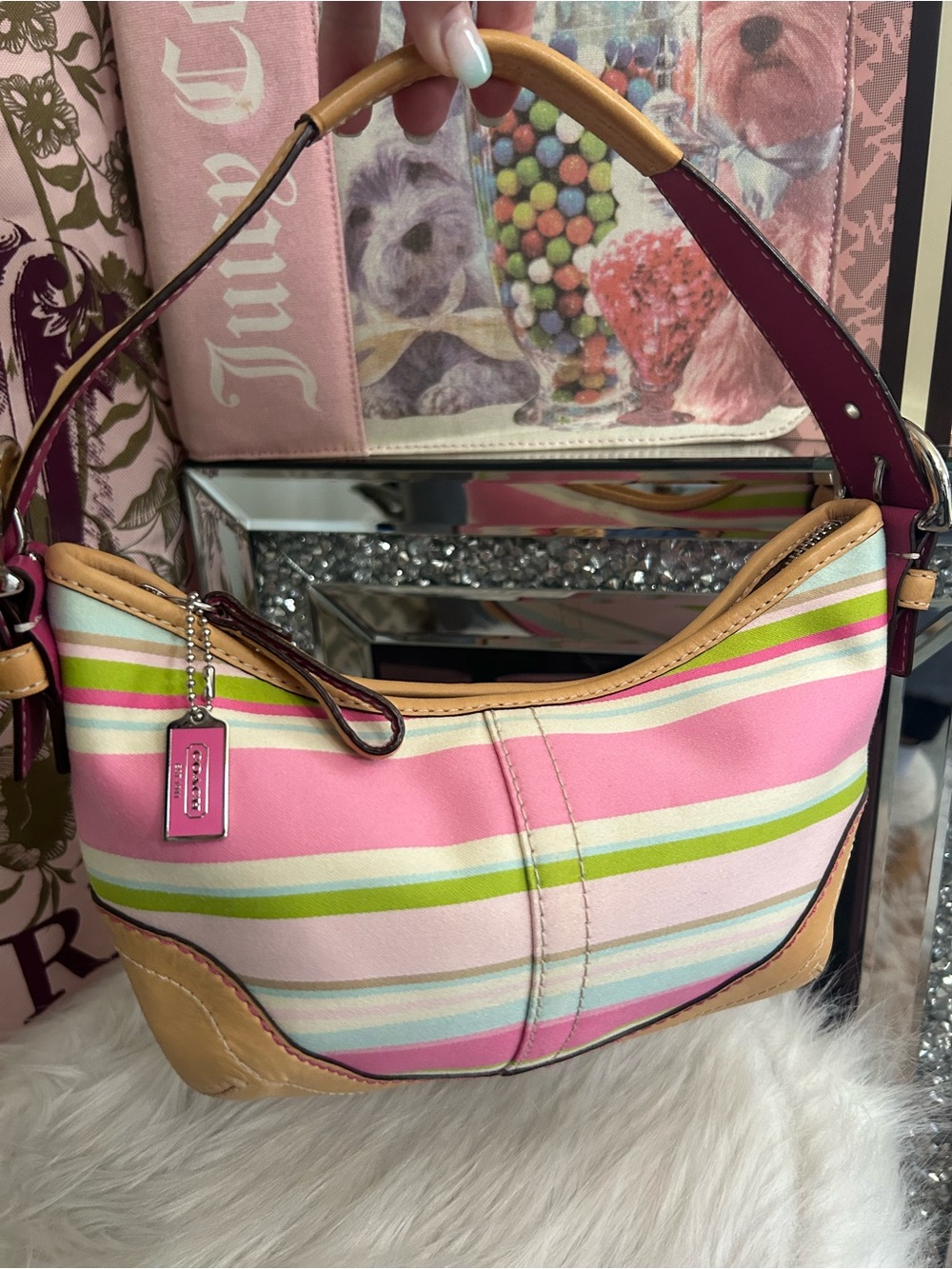 Y2K Vintage 2005 Coach SoHo Hampton Pink Pastel Striped Mini Hobo Bag #1884